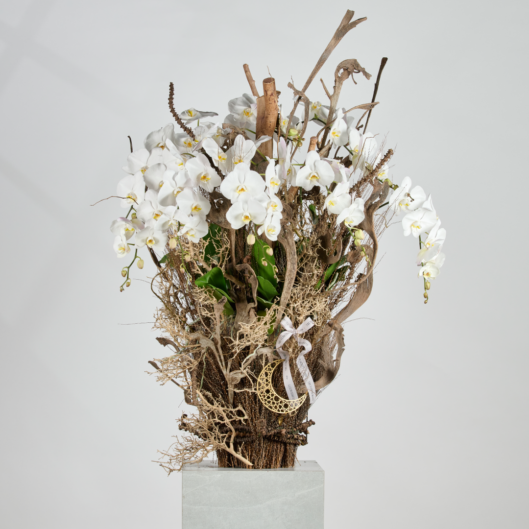 Woven Bloom luxury Phalaenopsis suhoor front view gold crescent Ramadan Dubai